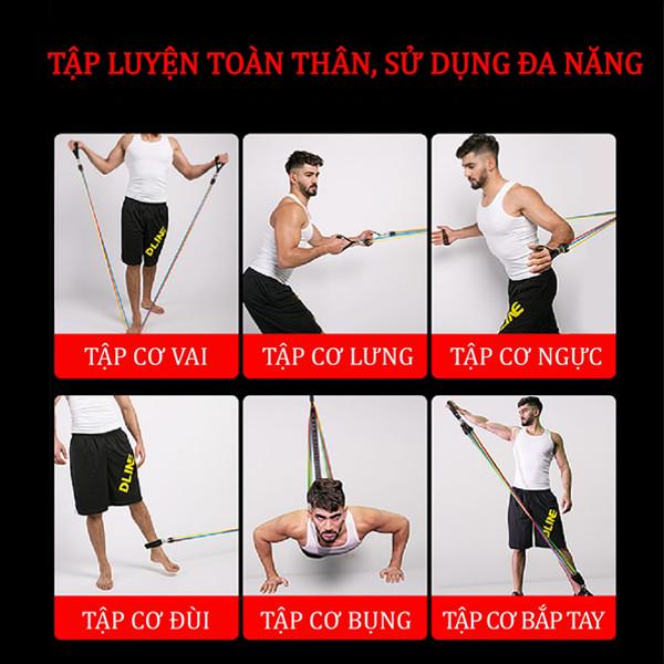 Bộ dây tập thể hình, đa năng (tập Gym) ngũ sắc đàn hồi cao cấp 11 món, tăng cơ, vận động, luyện bắp tay bắp chân