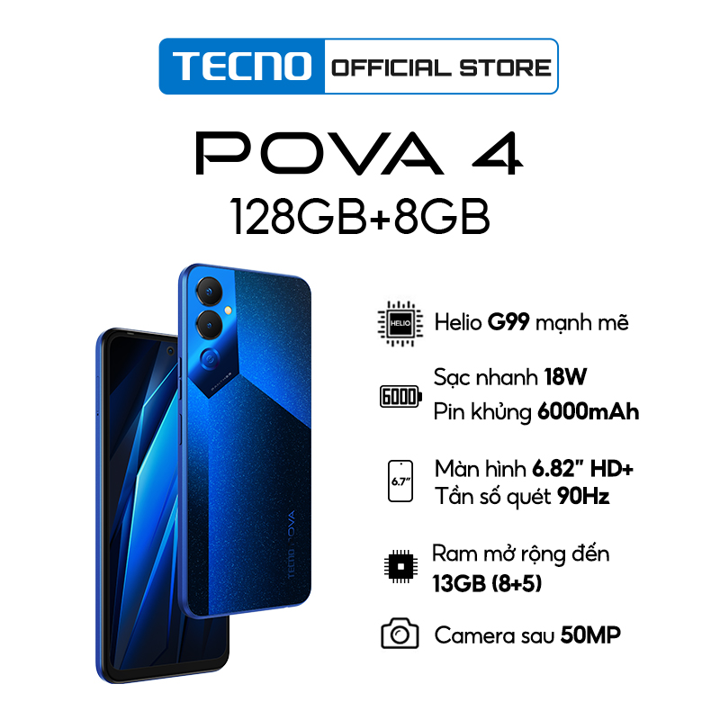 Điện thoại Gaming Tecno POVA 4 8GB/128GB - Hàng Chính Hãng - MediaTek G99 | 6000mAh - 6.82 inch - Bảo hành 13 Tháng