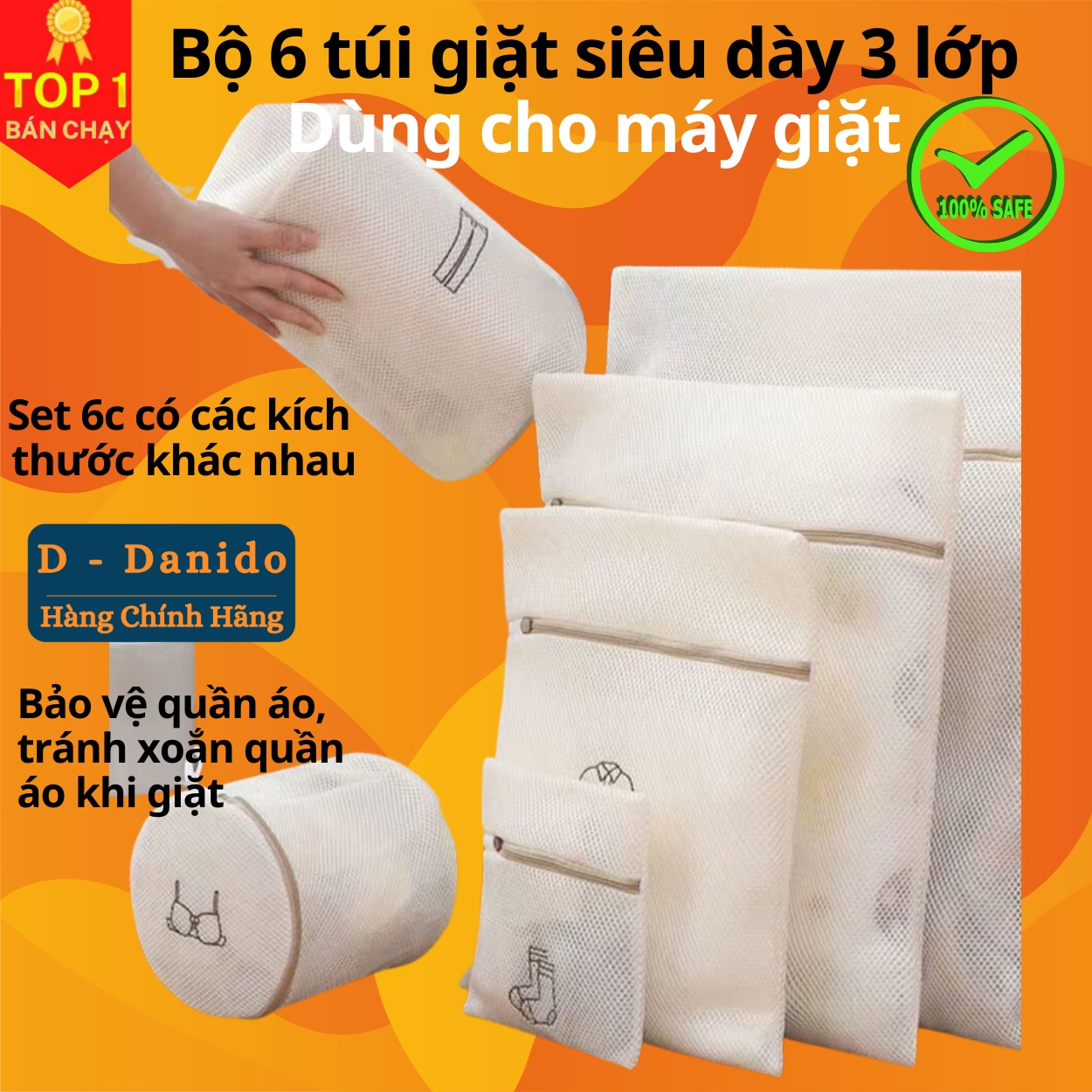 Bộ 6 túi giặt siêu dày 3 lớp cao cấp - Combo 6 túi lưới bảo vệ quần áo dùng cho máy giặt siêu bền tiện dụng chính hãng