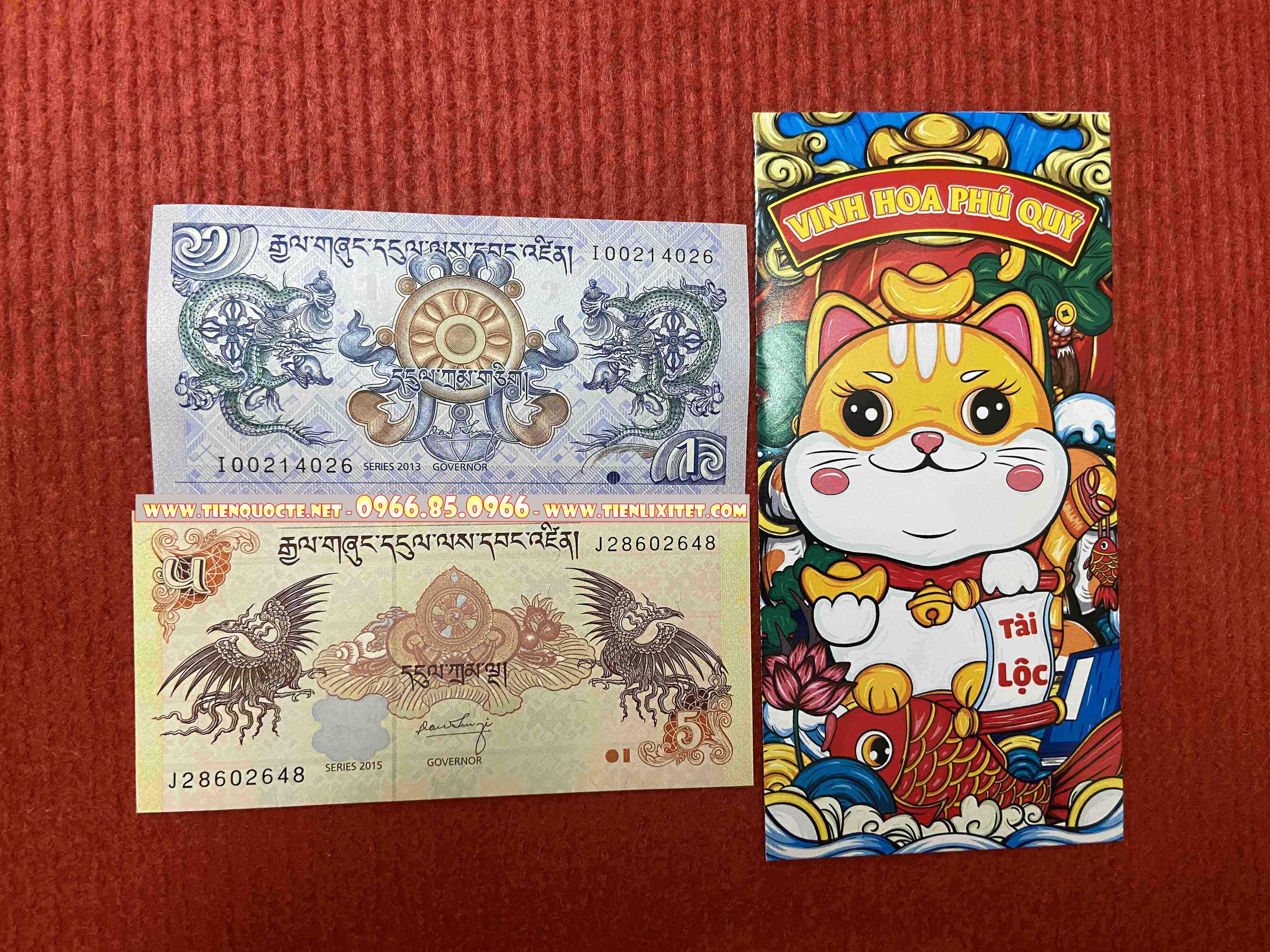 Lì xì tết 2023 2 tờ Long phụng sum vầy Bhutan tài lộc SQTTC000125
