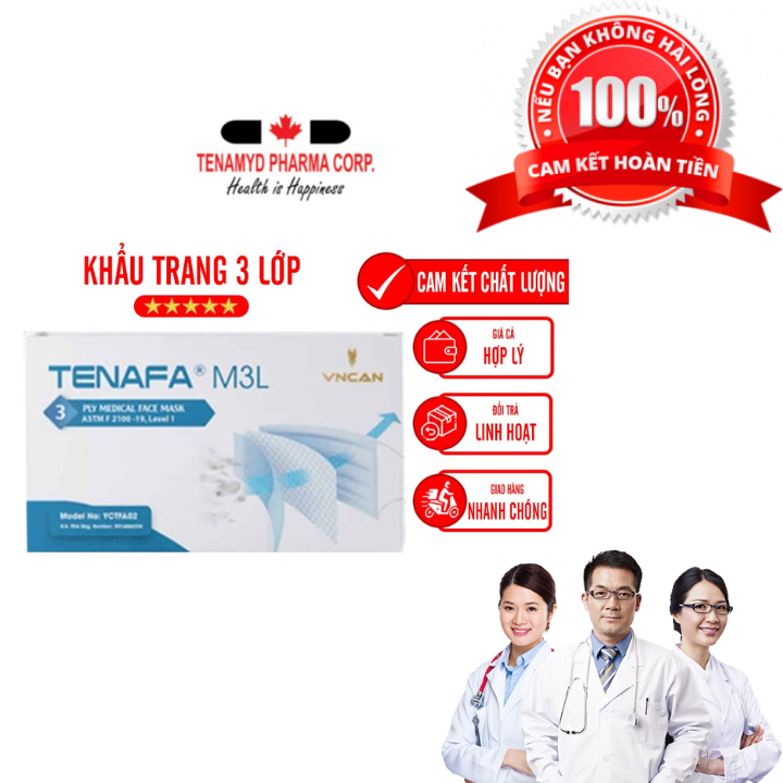 Khẩu Trang Y Tế 3 Lớp Hộp 50 Cái Màu Xanh Chính Hãng Tenamyd Lớp Vi Lọc Thấu Khí Polypropylene