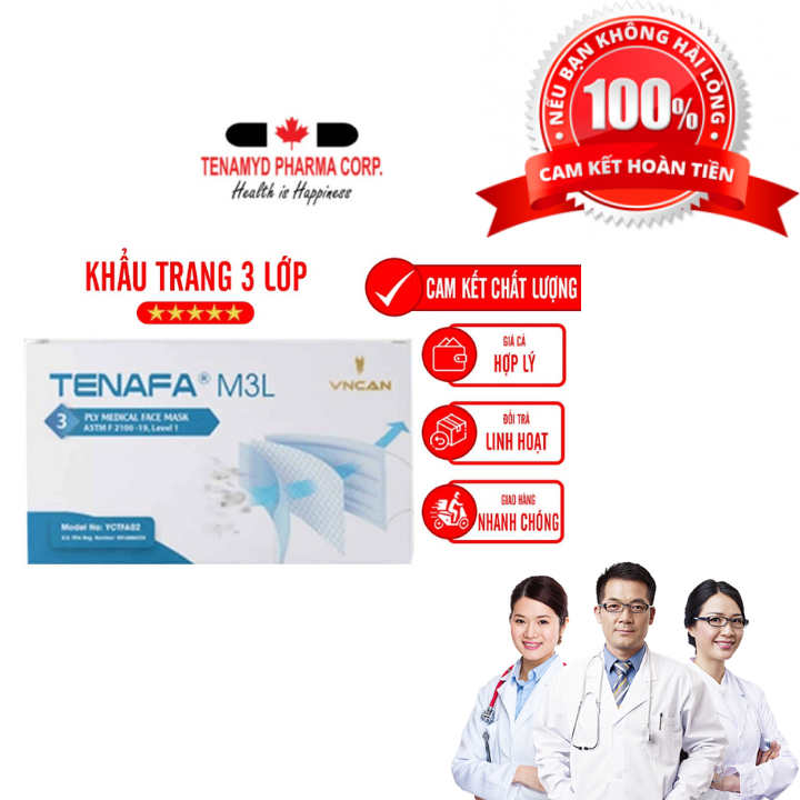 (COMBO 5 HỘP) Khẩu Trang Y Tế 3 Lớp Hộp 50 Cái Màu Xanh Chính Hãng Tenamyd Lớp Vi Lọc Thấu Khí Polypropylene