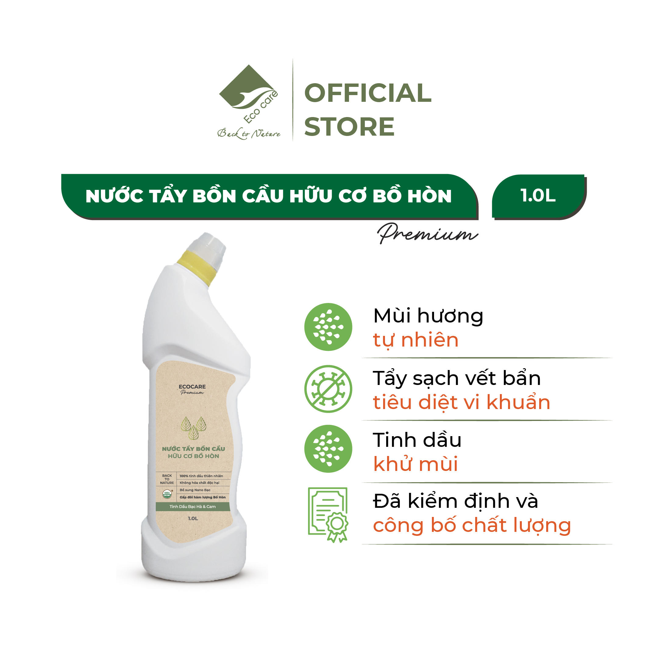 Nước tẩy rửa bồn cầu cao cấp Ecocare tinh dầu Bạc Hà & Cam 1L - Tẩy sạch vết ố vàng, diệt vi khuẩn, khử mùi