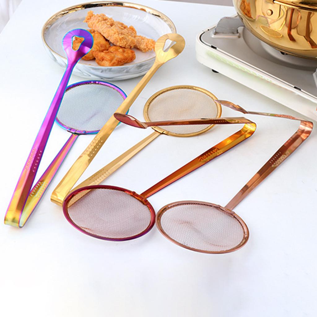 Stainless Steel Fine Mesh Strainer Oil-Frying Filter Spoon Ladle Colander Clip Skimmer for Fried Food, Salad, BBQ Multi-functional Kitchen Tool 2 in 1