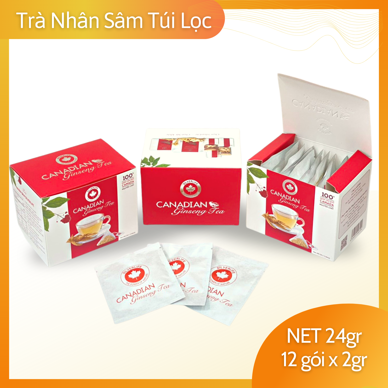 Trà nhân sâm Canada SilverLife hộp 12 gói 24g - 100% nhân sâm Canada tự nhiên nguyên chất - Giúp giải nhiệt, tăng cường sức khoẻ