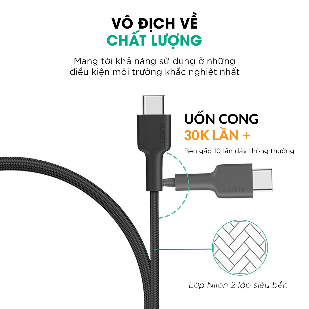 Cáp Sạc Type C Sang Lightning Aukey CB-CL2 Chuẩn MFi Apple Bện Lưới Nylon Siêu Bền Dài 2 Mét - Hàng Chính Hãng