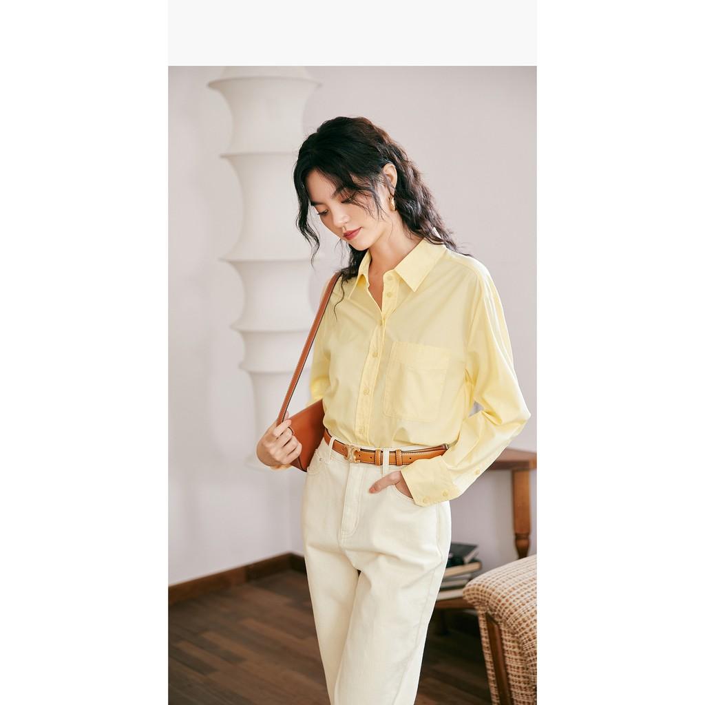 Áo Sơ Mi Công Sở Nữ Cổ Đức Túi Ngực Thanh Lịch, Sơ Mi Vàng Nhạt Basic Quyên Fashion AA535