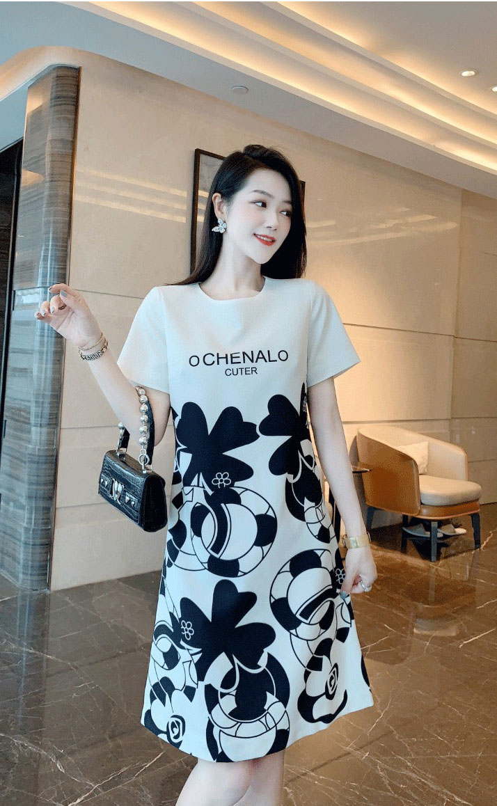 Đầm suôn in 3D họa tiết trắng đen sang trọng D059- Lady Fashion