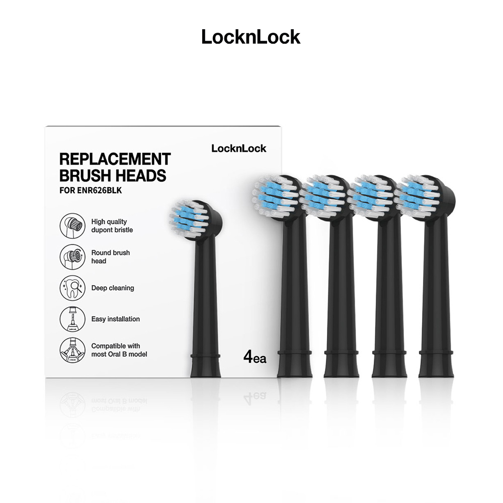 Đầu bàn chải điện Locknlock Replacement heads - ENR626BLK_RB - 4 cái - đầu bàn chải xoay 360 độ, sạch sâu - Màu đen - Hàng Chính Hãng