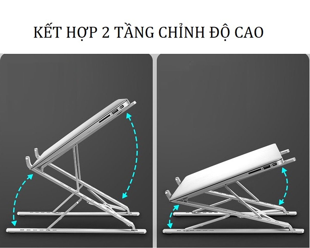 Giá đỡ laptop nhôm màu đen N8, thiết kế thông minh 2 tầng điều chỉnh độ cao, gấp gọn và tản nhiệt cho Laptop, Surface, Ipad, Macbook