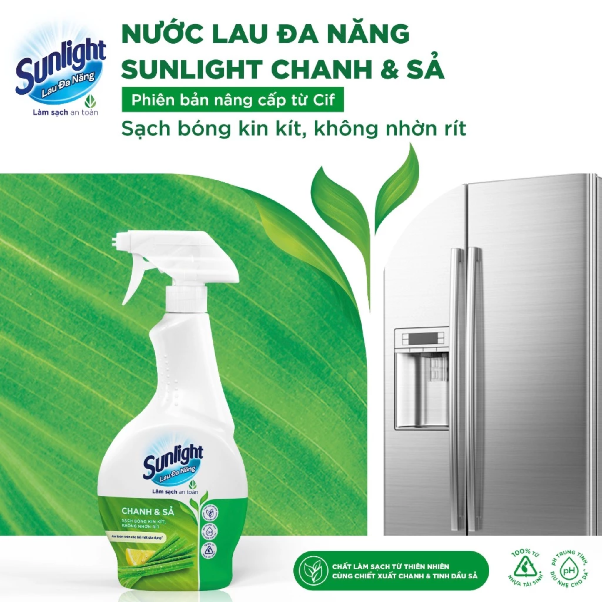 Combo 2 Chai Nước Lau Đa Năng Sunlight Chanh &amp; Sả Phiên Bản Nâng Cấp Từ Cif Sạch Bóng Kin Kít, Không Nhờn Rít Chai 500ML
