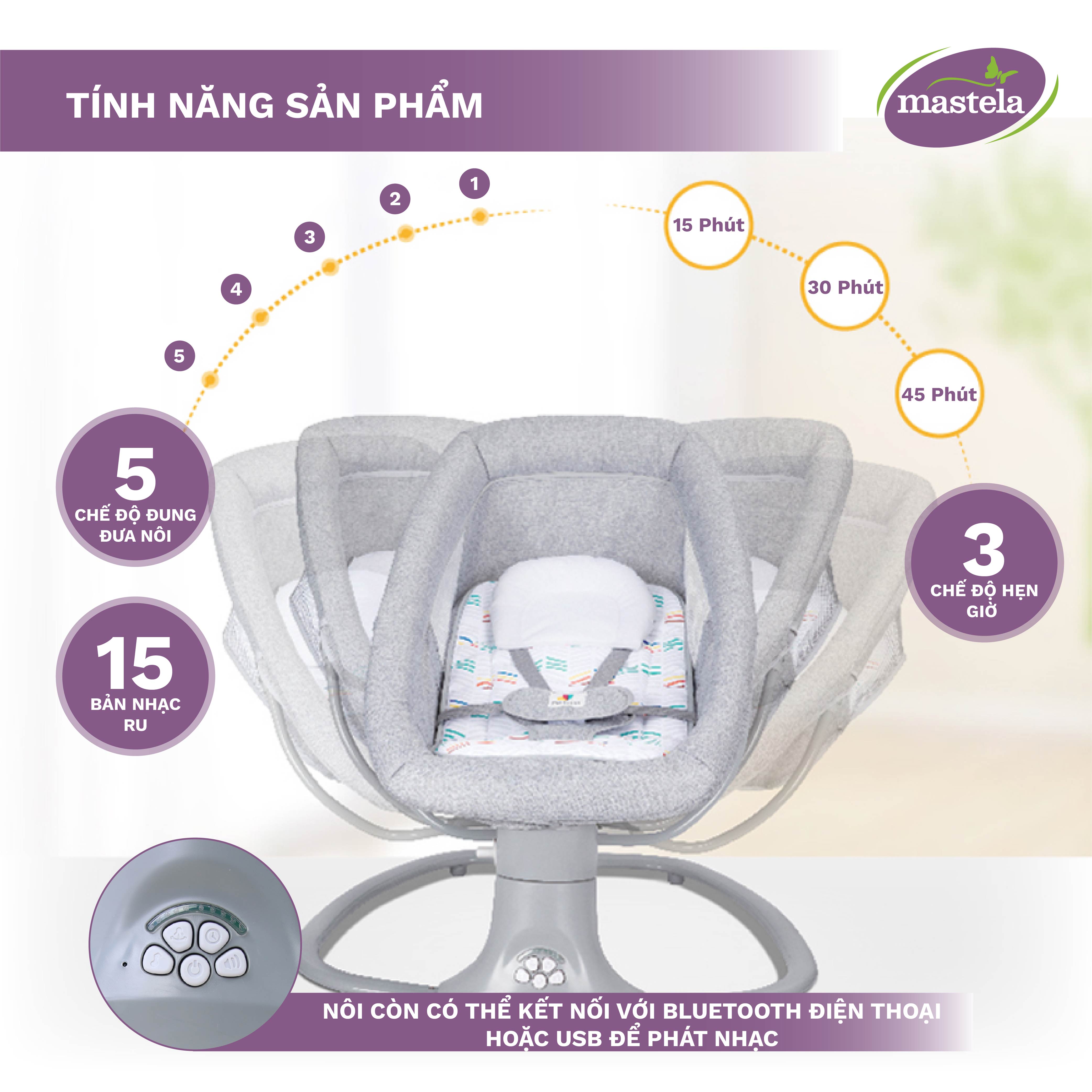 Nôi ru ngủ thư giãn kết hợp ghế ngồi đọc sách cho bé có nhạc Mastela 8104/8106 - điều khiển từ xa - kết hợp Bluetooth