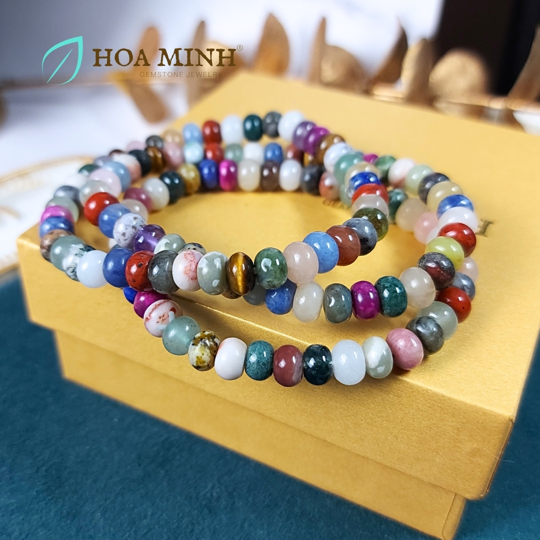 Vòng tay phong thủy kiểu bánh xe hạt 6.4 li ngũ hành đủ loại đá Lapis Lazuli thanh kim, Chalcedony, Thạch anh, Ngọc jasper không kén mệnh