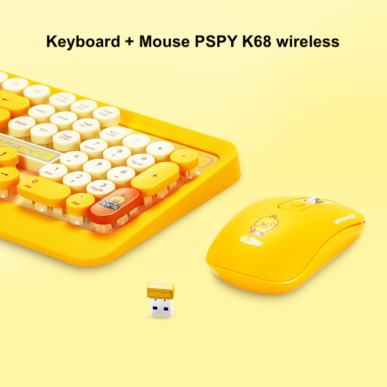 Combo Phím + Chuột PSPY K68 Cute không dây màu Vàng, Xanh, Đen, Keyboard Bluetooth văn phòng đẹp, chơi game chất lượng cao