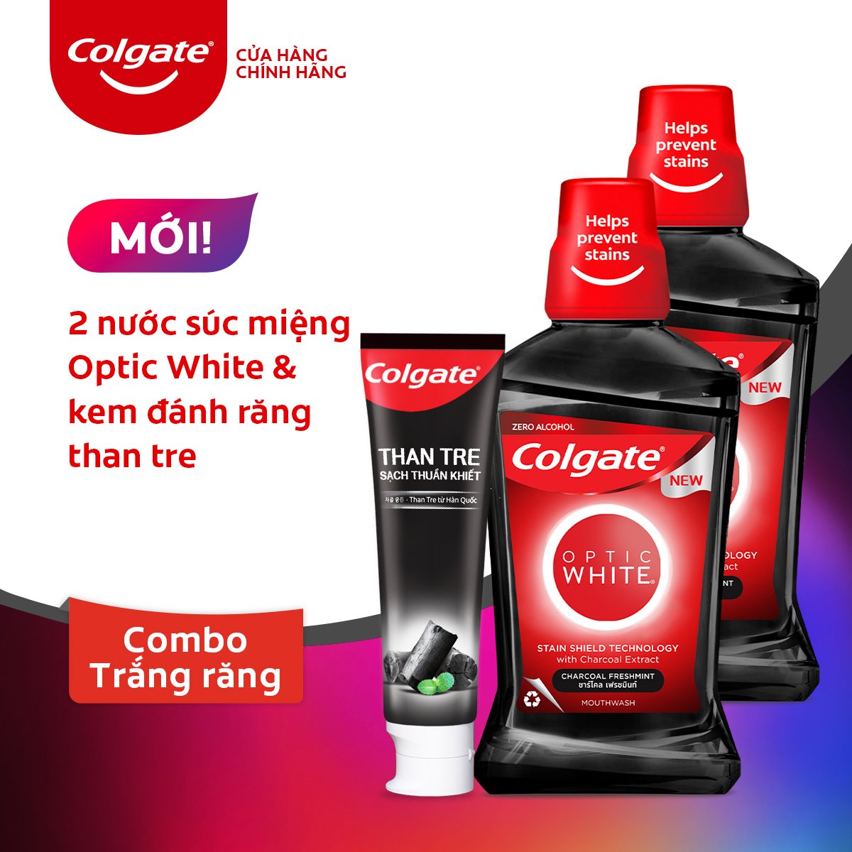 Combo Bộ đôi Nước súc miệng Colgate trắng răng Optic White Charcoal Freshmint 500ml/chai và Kem đánh răng Colgate Thiên Nhiên Than Tre và Bạc hà 180g