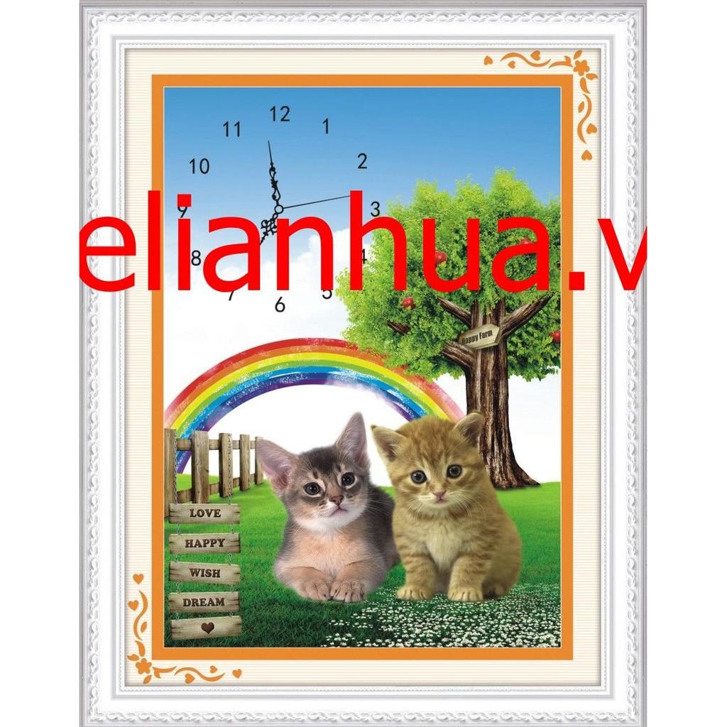 Tranh thêu đôi mèo cầu vòng đồng hồ A993 - kích thước: 37 * 48cm.