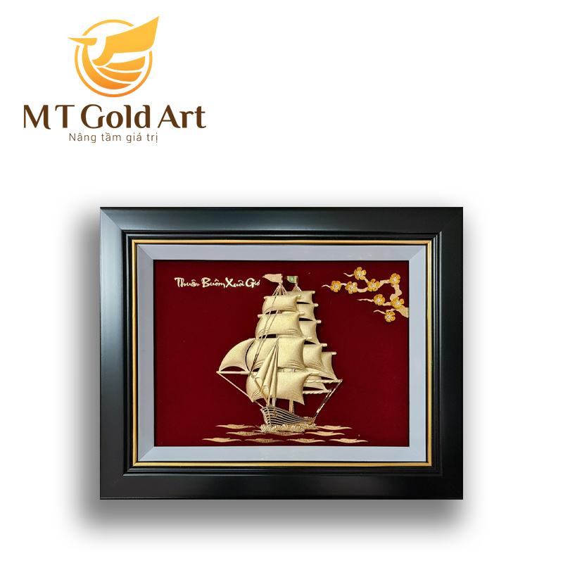 Tranh thuyền buồm hoa mai dát vàng MT Gold Art- Hàng chính hãng, trang trí nhà cửa, phòng làm việc, quà tặng sếp, đối tác, khách hàng, tân gia, khai trương