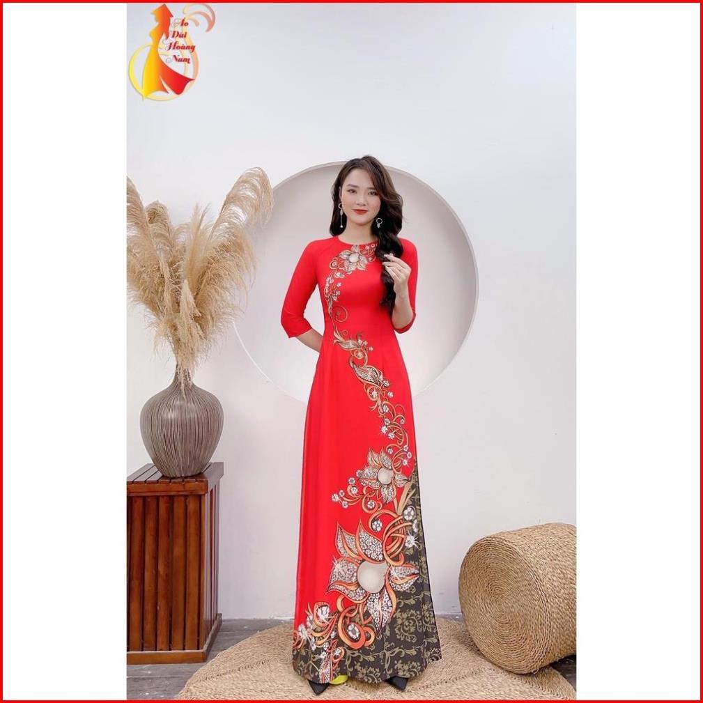 Áo dài nữ lụa nhật in 3D cao cấp siêu mềm mịn, Áo dài phan thảo mã đỏ LV53
