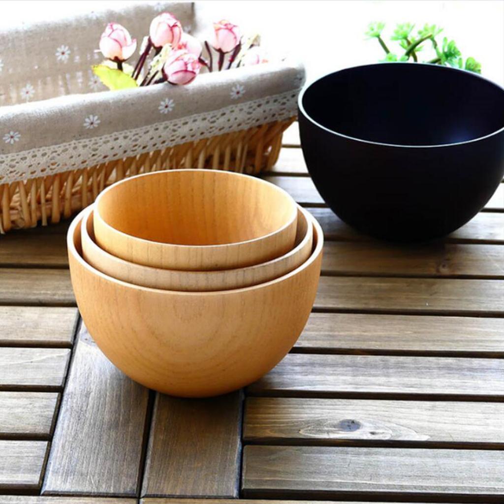 2Pcs Round Wooden Cereal Bowl Food Container Camping Dinner Lunch Tableware