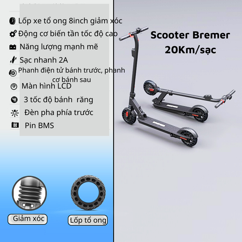 Xe Scooter Điện Gấp Gọn Lốp 8inch, Xe Scooter Cỡ Lớn Tốc Độ Đến 25Km/h