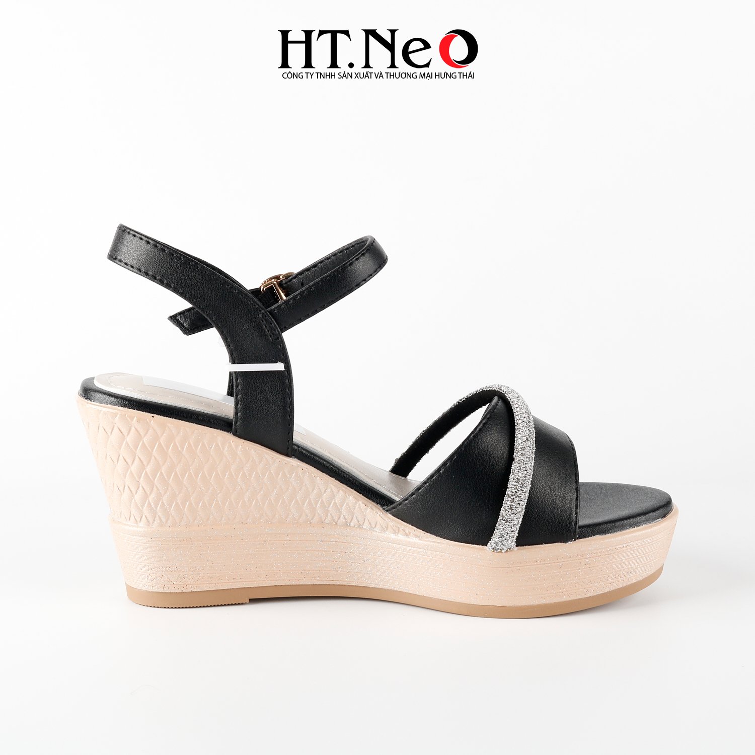 Sandal nữ đế xuồng HT.NEO cao 8p đai đính đá vắt chéo độc đáo, da cao cấp SDN148