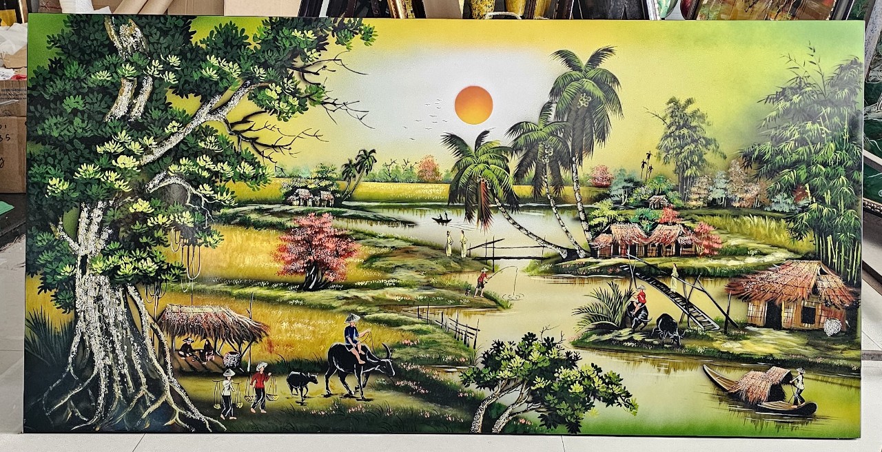 Tranh sơn mài cảnh làng quê Việt Nam, cảnh đồng quê 80x160 cm