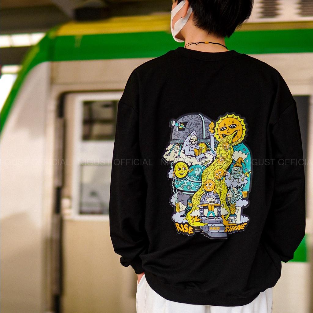 Áo sweater nam nữ local brand NIGUST Rise and Shine N201 chất liệu nỉ da cá form rộng màu đen trắng Fullbox