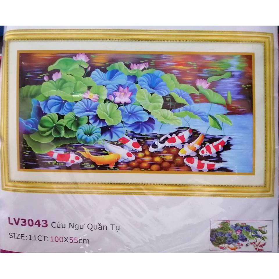 Tranh thêu chữ thập Cửu ngư quần hội (100x55cm)