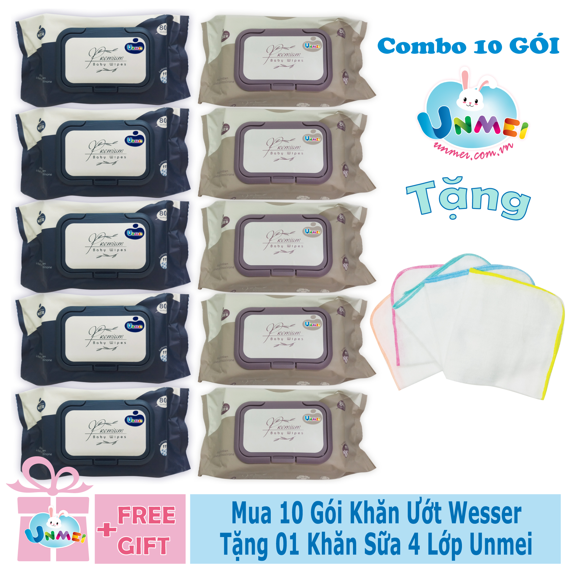 Combo Tiết Kiệm, Thùng 10 Gói Khăn Ướt Wesser Không Hương dành cho Bé, 80 tờ/gói, Khăn Vải Dầy,Dập nổi 3D, Tặng 1 khăn Sữa thương hiệu Unmei