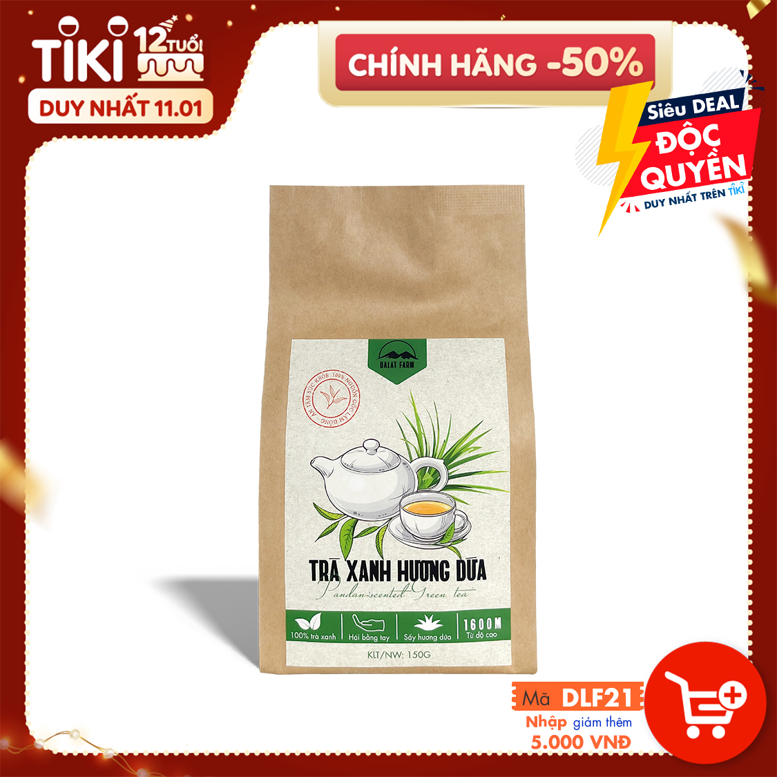 Trà Xanh Hương Dứa DalatFarm - Túi 150Gr