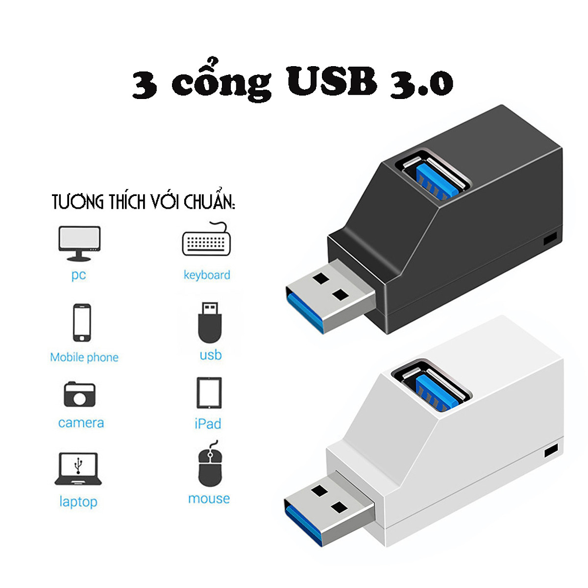 Bộ chia HUB USB 3 cổng tốc độ cao cho Máy tính, Laptop, PC, Tivi, Ô tô, xe hơi, thiết bị ngoại vi nhỏ gọn USB3.0/2.0 - Hàng chính hãng