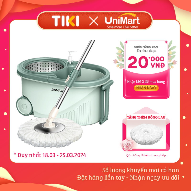 Bộ Cây Lau Nhà Tự Vắt Thông Minh Damas G720 - Chổi Lau Xoay 360 Độ, Giặt Sạch Vắt Khô Nhanh Chóng - Thiết Kế Nâng Cấp Bổ Sung Tay Kéo Giúp Di Chuyển Dễ Dàng - Chất Liệu Nhựa PP Cao Cấp Chống Mài Mòn Gia Tăng Thời Gian Sử Dụng - Hàng Chính Hãng