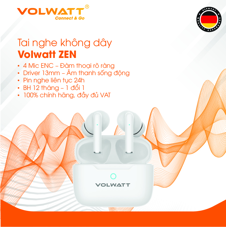 Tai nghe không dây Volwatt Zen hàng chính hãng | TWS Bluetooth 5.4, 4 Mic ENC, Driver 13mm, Nghe 4–5h + Hộp 400mAh, BH 12 tháng