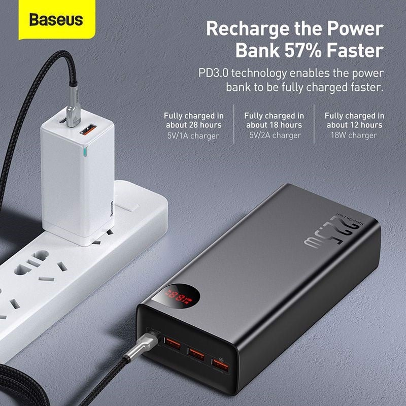 Sạc Dự Phòng OS-Baseus Adaman Digital Display Fast Charge Power Bank 40000mAh 22.5W Black (Kèm cáp USB to C 30cm) (Hàng chính hãng)