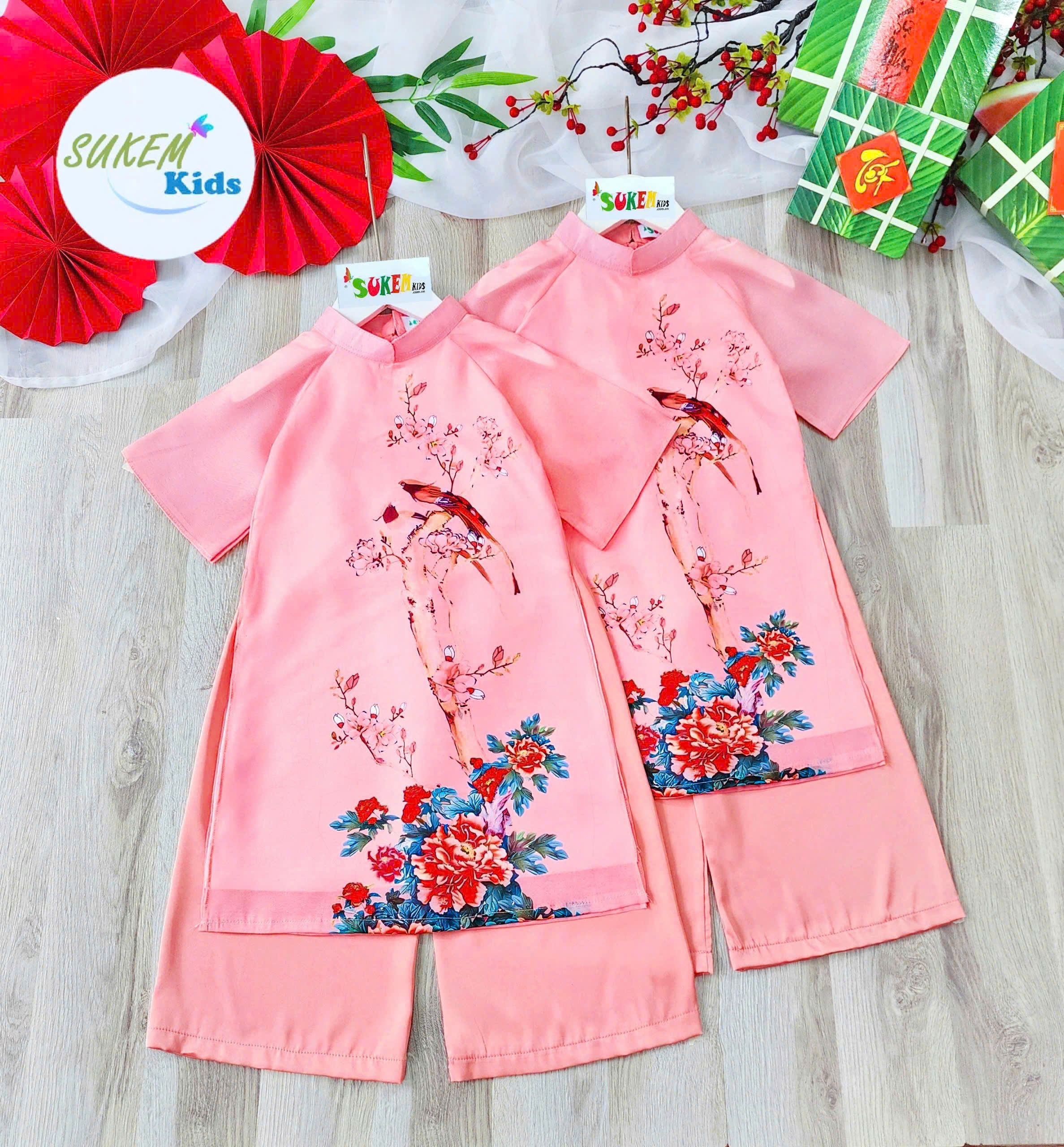 Bộ áo dài tết cho bé gái mẫu Hoa mùa xuân xinh xắn từ 12-45kg hàng thiết kế cao cấp