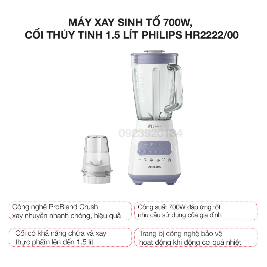 Máy xay sinh tố 700w, cối thủy tinh 1.5 lít Philips HR2222/00 - Hàng chính hãng