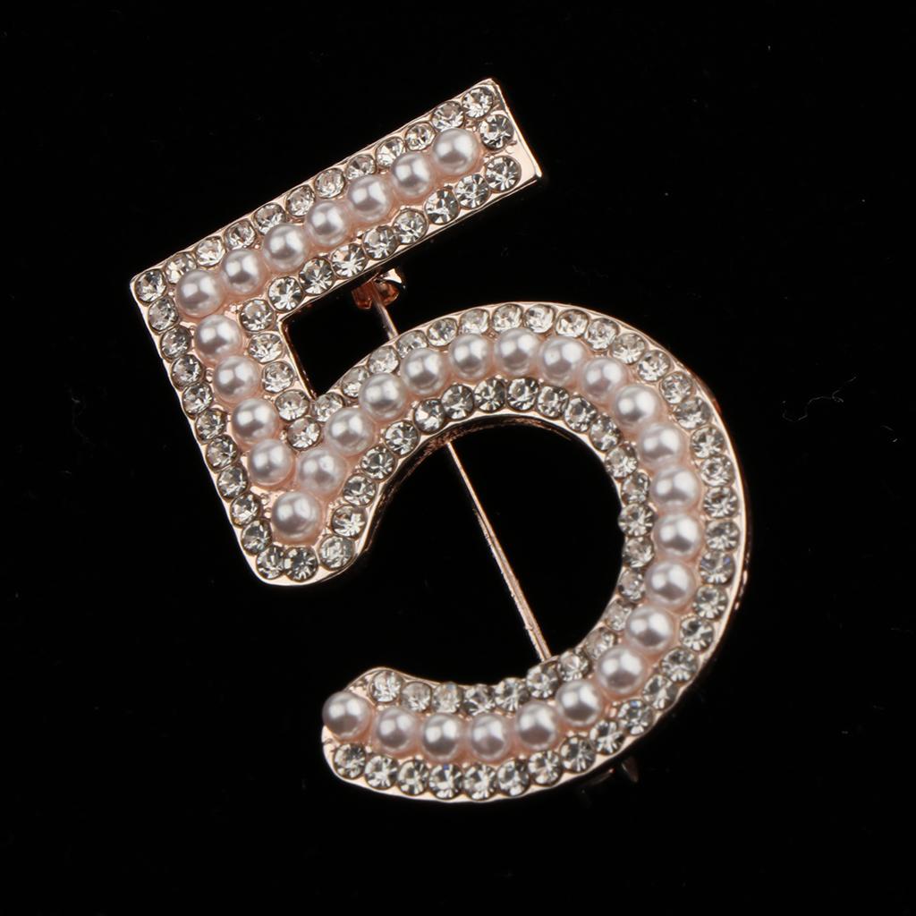 Fashion Women Crystal Rhinestone Pearl Number 5 Brooch Pin Jewelry Gold