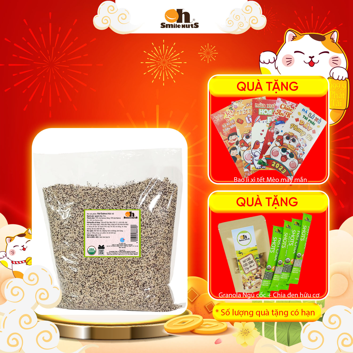 Hạt Quinoa Mix 3 Màu Smile Nuts Túi 5kg (Còn được gọi là Hạt Diêm Mạch) - Nhập khẩu từ Peru (Gồm Quinoa trắng, Quinoa đen và Quinoa đỏ), túi 5kg giá tốt hơn, tiết kiệm hơn