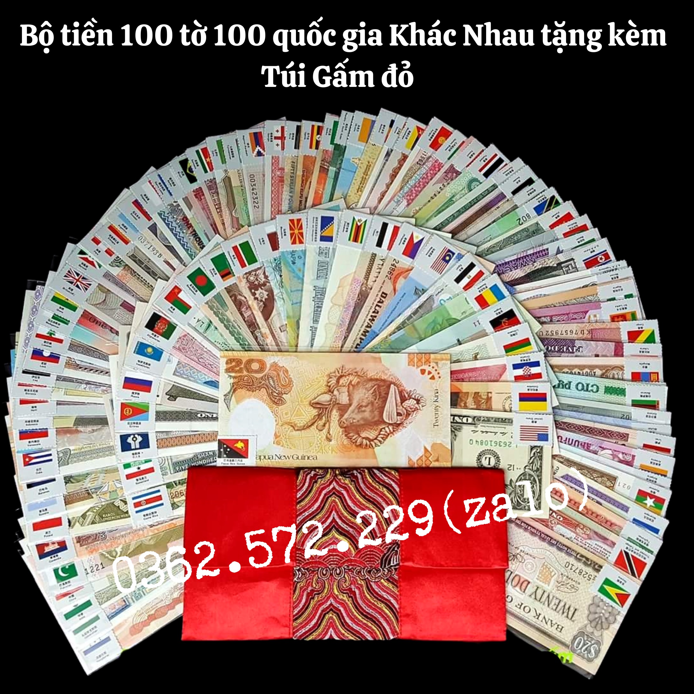 Bộ Tiền 100 Tờ 100 Nước Khác Nhau Trên Thế giới Tặng Kèm Túi Gấm đỏ May Mắn