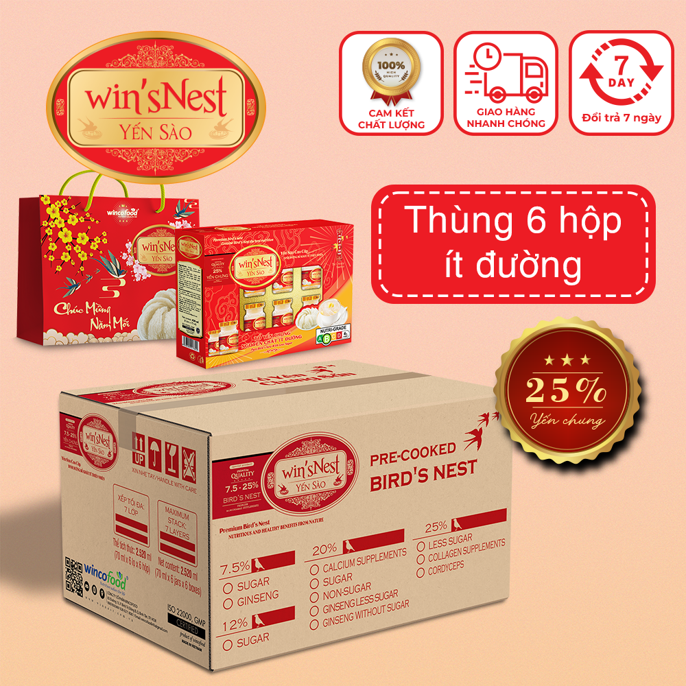 (Thùng 6 hộp) Yến sào wins'Nest 25% tổ yến chưng nguyên chất ít đường (6 Lọ x 70 ml/ Hộp)