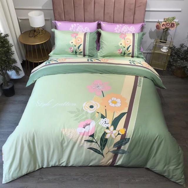 Set Cotton Organic 100%cotton Hàng Nhập Khẩu Cao Cấp 4 Món Hoạ Tiết Hoa Sang Trọng Tông Xanh