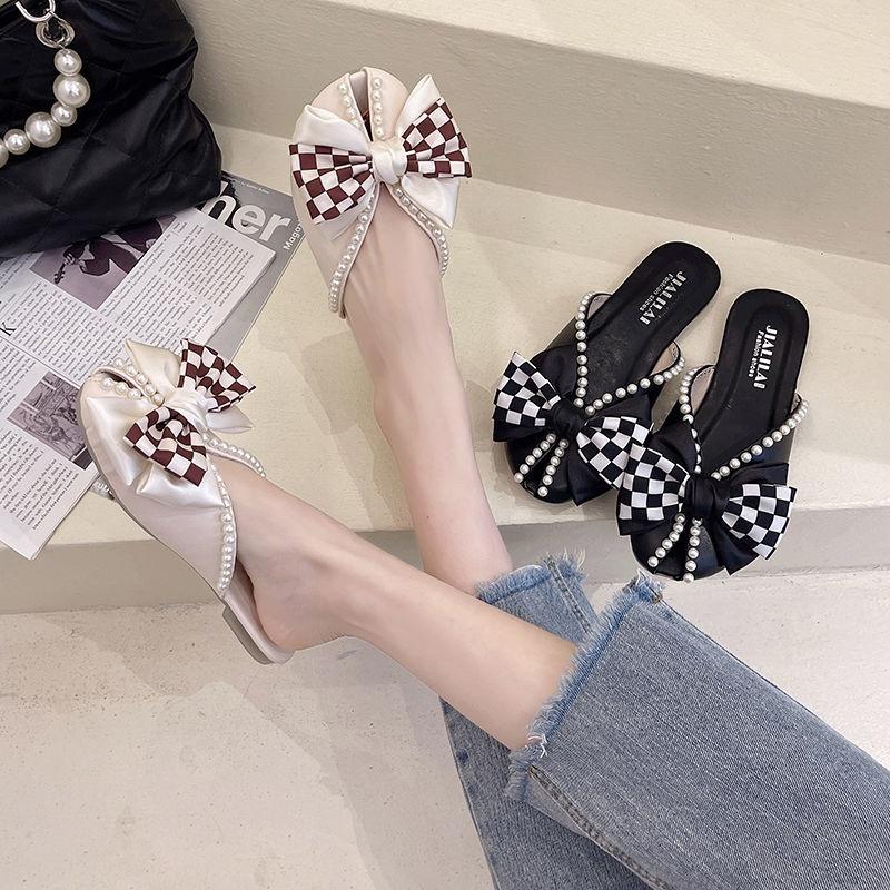 Dép Sandal Đế Mềm Đính Nơ Ngọc Trai Thời Trang Dành Cho Nữ
