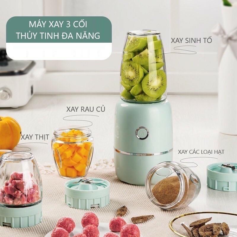 (CÓ SẴN) Máy xay đa năng 3 cối thuỷ tinh nội địa Trung cho bé ăn dặm - Hàng chính hãng