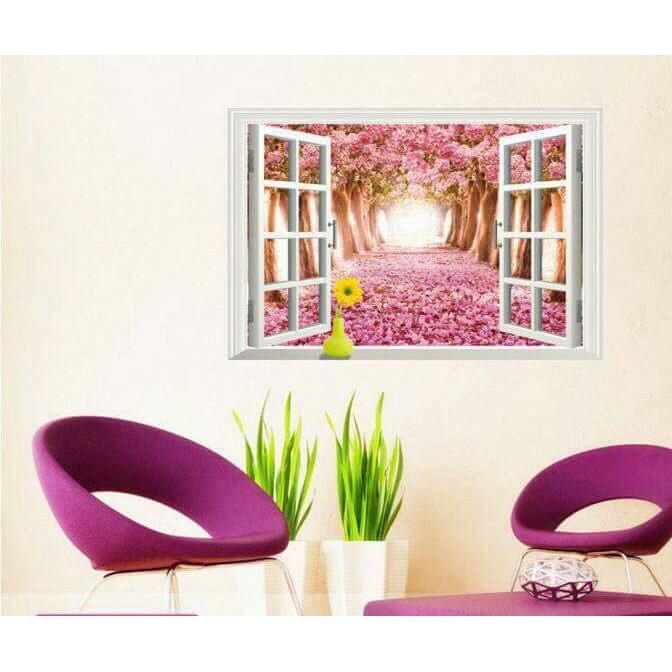 Decal dán tường Combo Cây tình yêu + khung cửa hoa đào