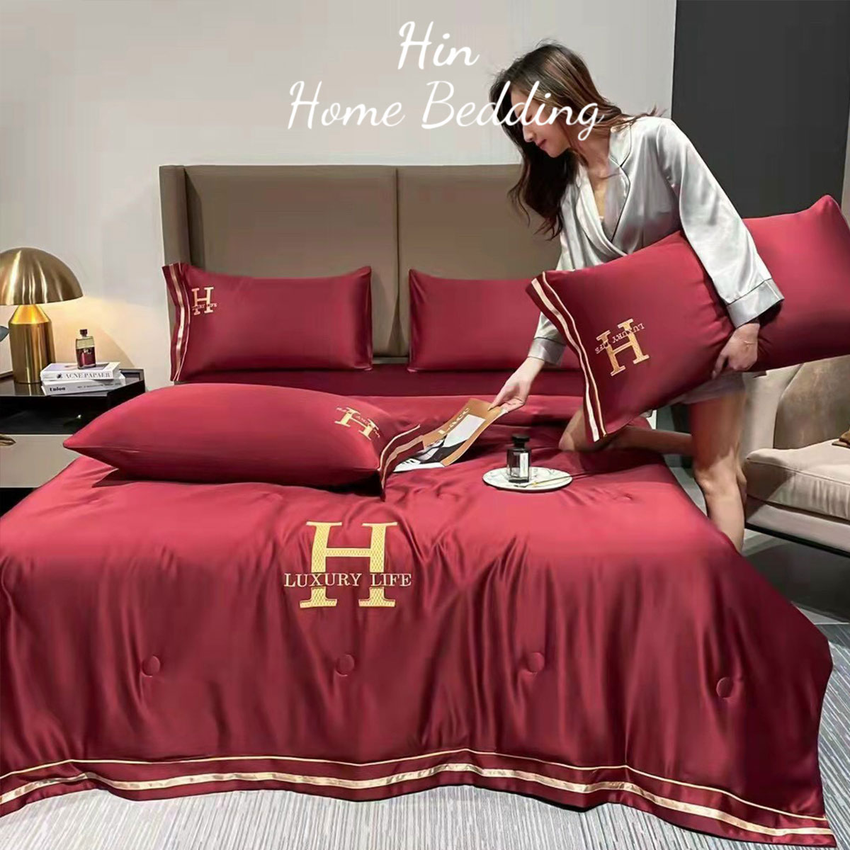 Bộ Chăn Ga Gối Đệm 5 Món Chăn Phao Lụa Thái Hin Home Bedding Drap Giường Lụa Mẫu Đỏ