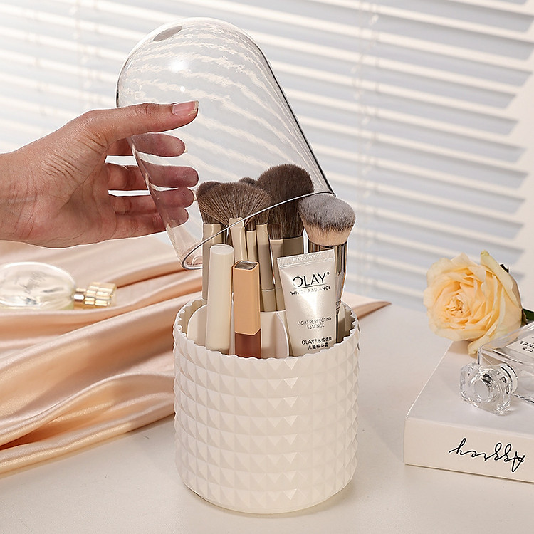 Hộp Đựng Cọ Trang Điểm Sức Chứa Lớn Chống Bụi Có Nắp Xoay 360 Độ° Hộp Đựng Đồ Trong Suốt Có Thể Xoay Được Tiện Dụng