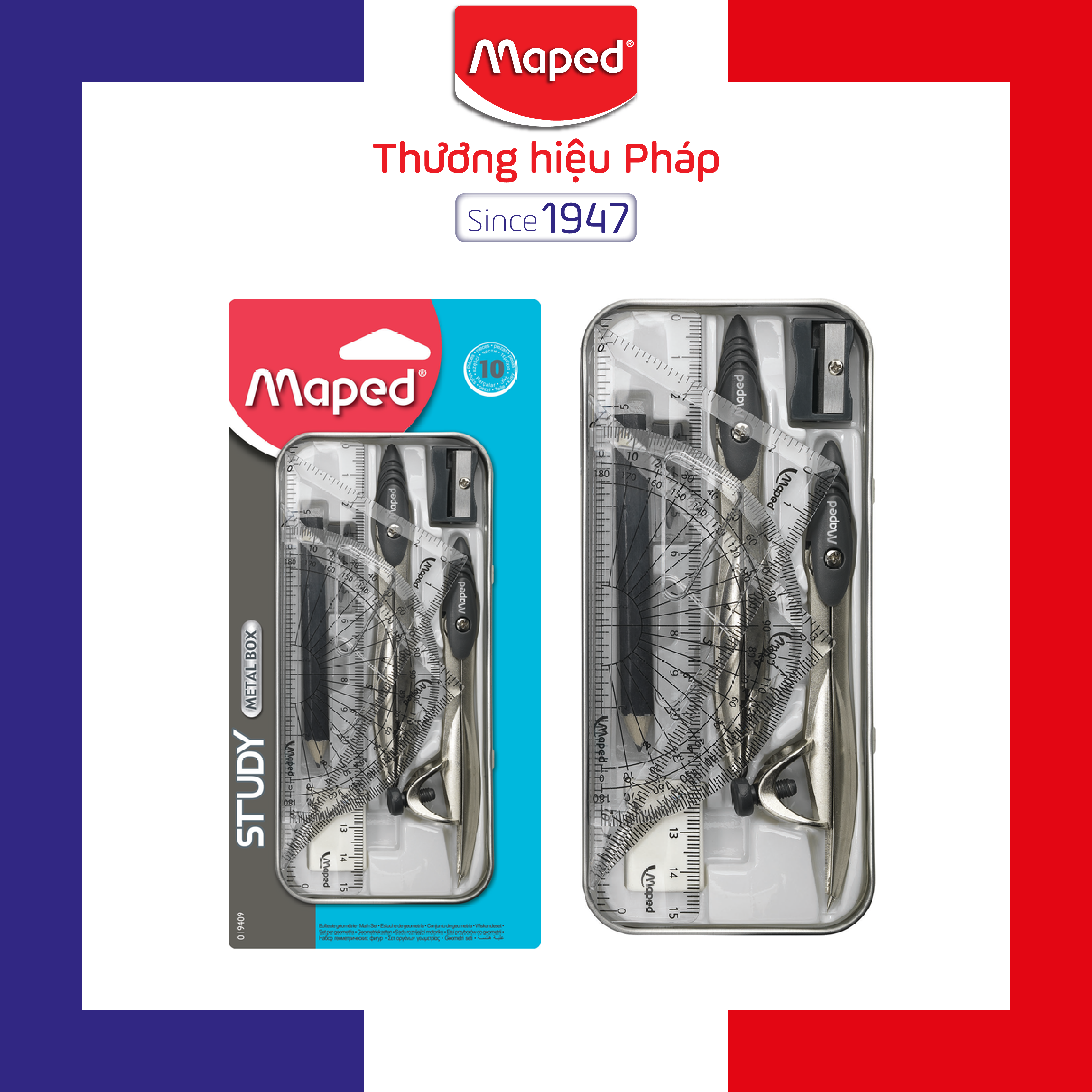 MAPED - Vỉ Compa kim loại hộp thiếc - set 10 (Compa chì gỗ, Compa ruột chì, chuốt, gôm, chì, bộ 4 thước, ruột chì Compa)