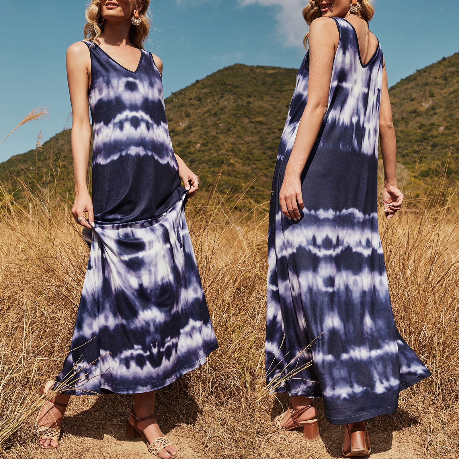 Fashion Women Beach Dress V-neck Sleeveless Printing Loose A-line Long Dress