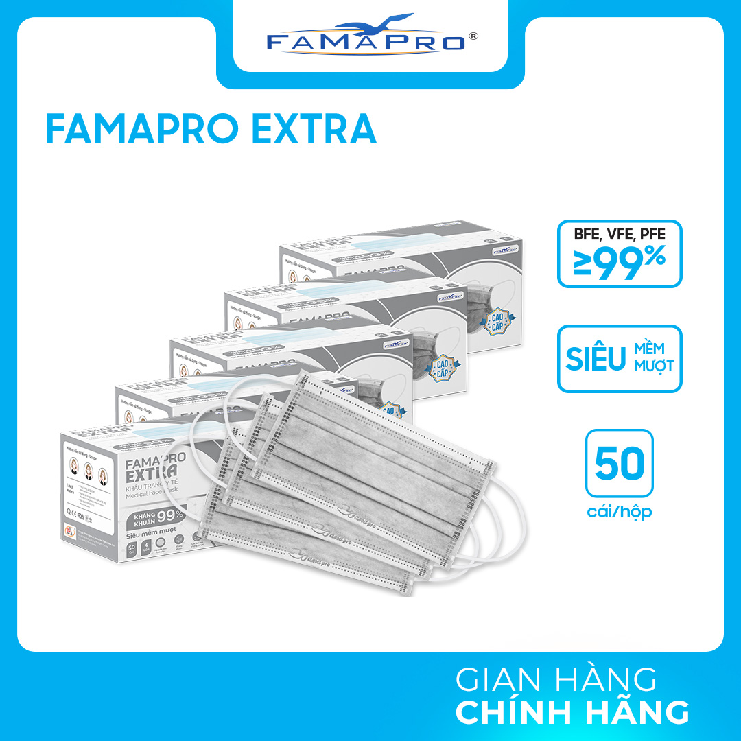 Hộp - Famapro Extra - Khẩu Trang Y Tế Kháng Khuẩn 4 Lớp Famapro Extra 50 Cái Hộp - Xám - Combo 5 Hộp