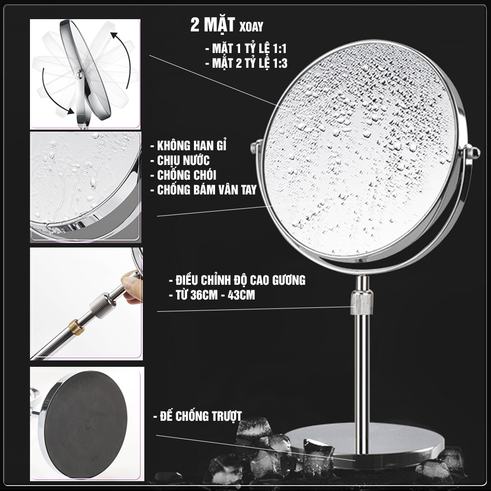 Gương trang điểm để bàn Kéo dài, Crom, phóng đại zoom x3, 2 mặt xoay siêu nét